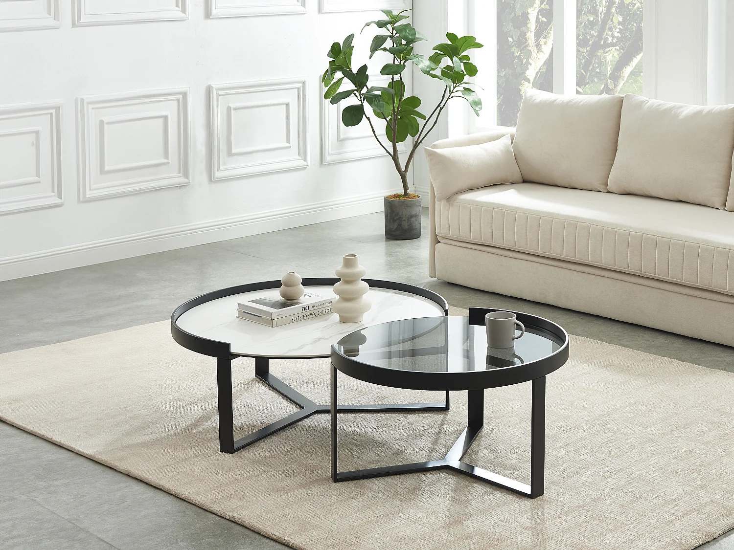 Mesas de centro apilables de vidrio templado ahumado, cerámica y metal - Efecto mármol blanco y negro - ZERILA