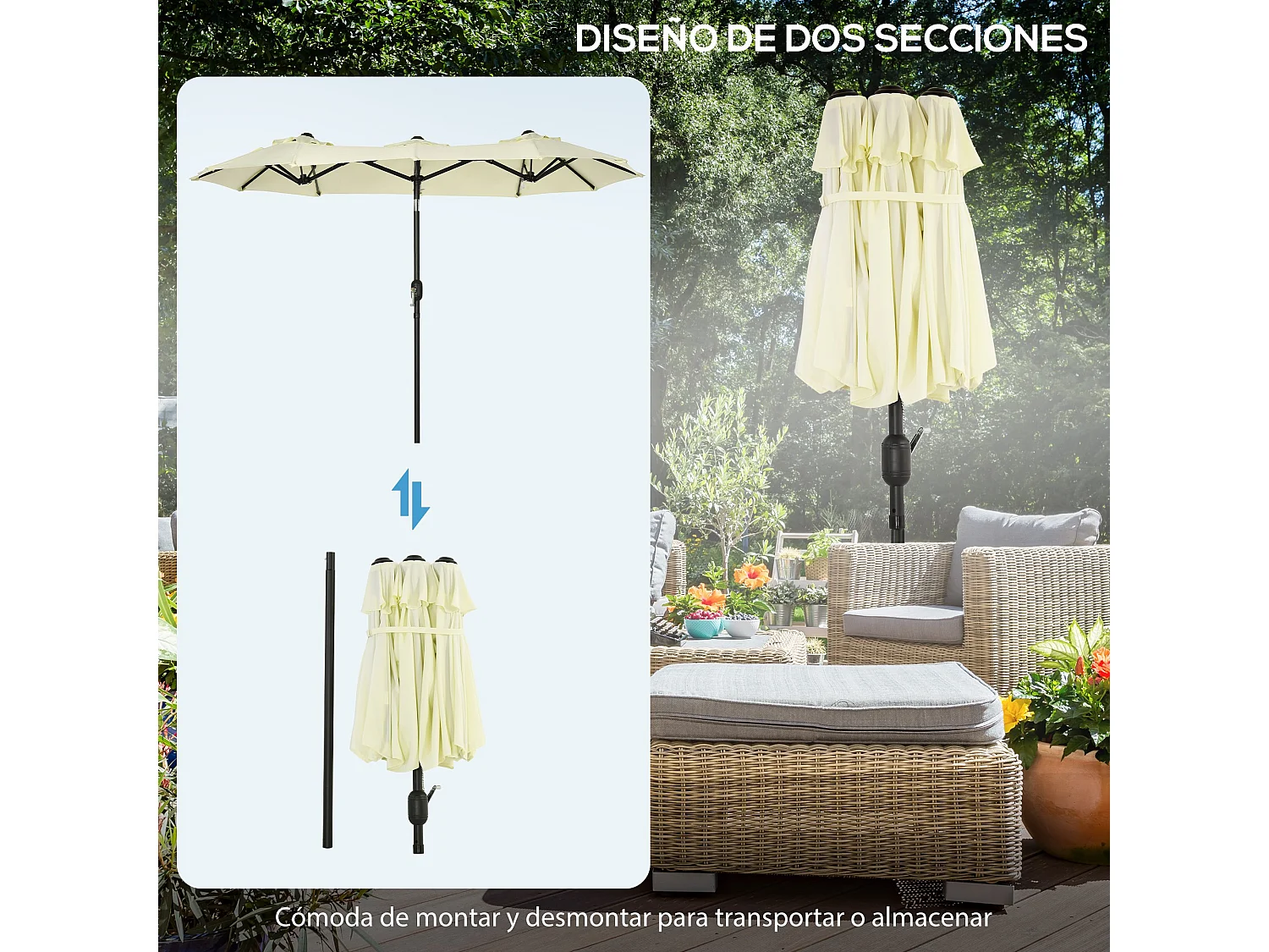 Sombrilla doble beige 285x147x227 cm Outsunny