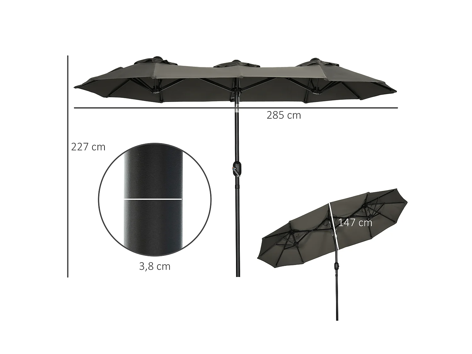 Sombrilla doble gris 285x147x227 cm Outsunny