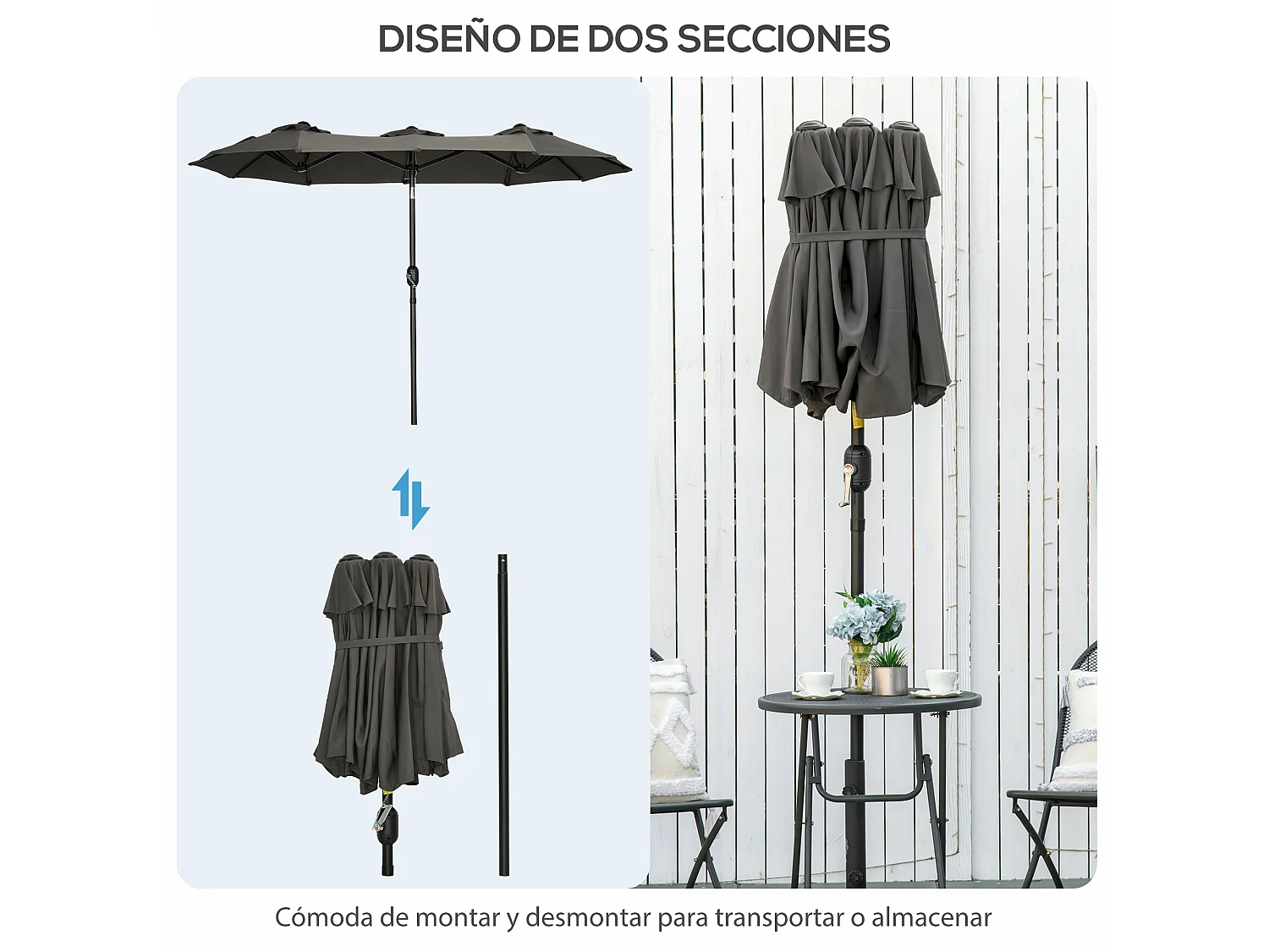 Sombrilla doble gris 285x147x227 cm Outsunny