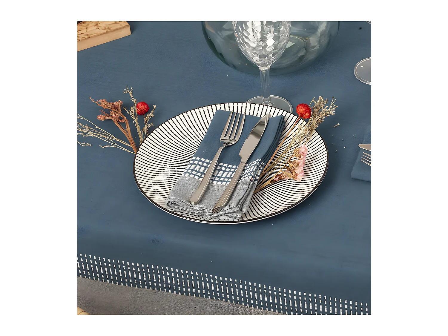 Lot de 2 Serviettes de table en Coton bicolore Bleu canard et Gris 40 x 40 cm