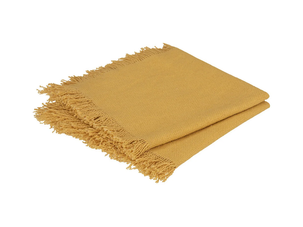 Lot de 2 Serviettes de table en Coton Jaune Ocre finition frange 40 x 40 cm
