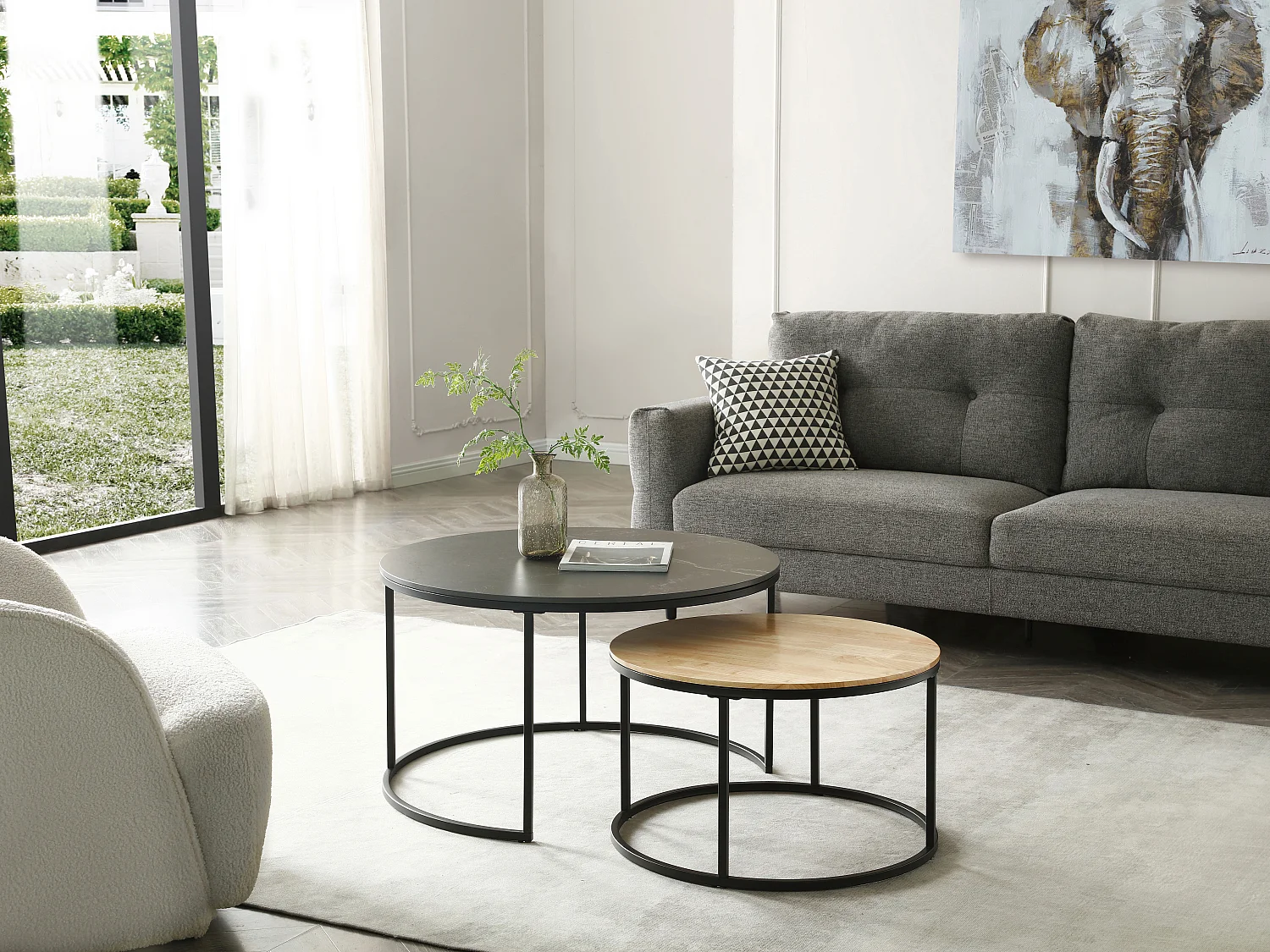 Couchtisch-Set - Kautschukholz, Keramik & Stahl - Marmor-Optik schwarz & Holzfarben hell - JIEMBA