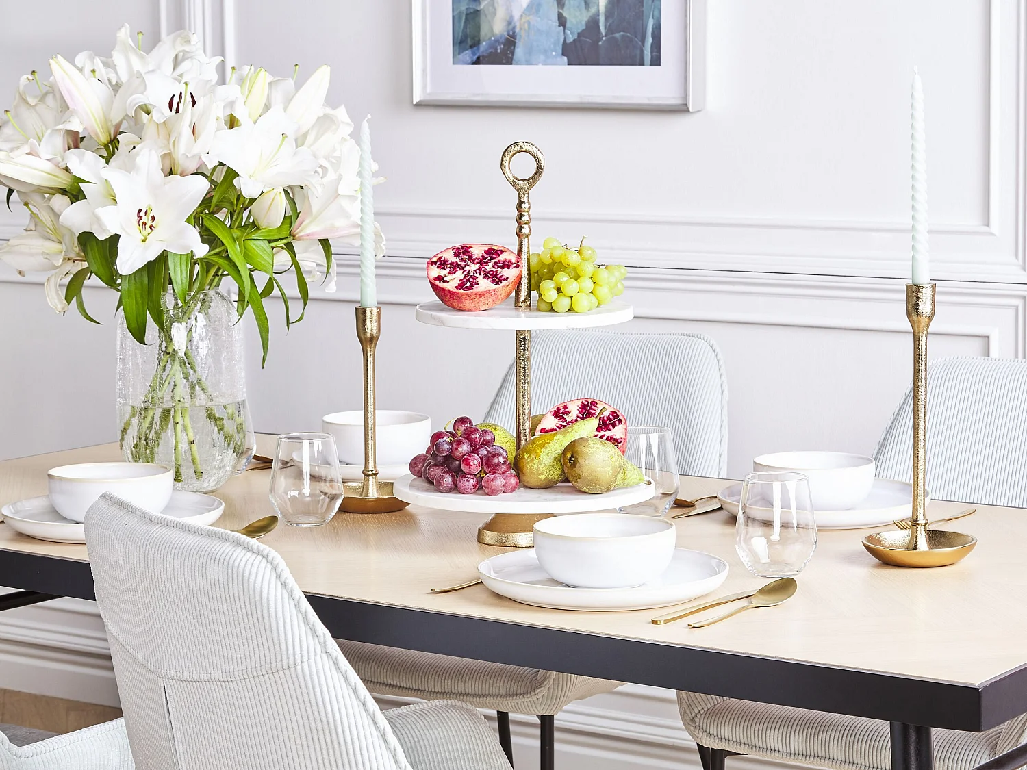 Etagere Marmor Aluminium weiß / gold 50 cm 2-stöckig Tischdekoration Tarum