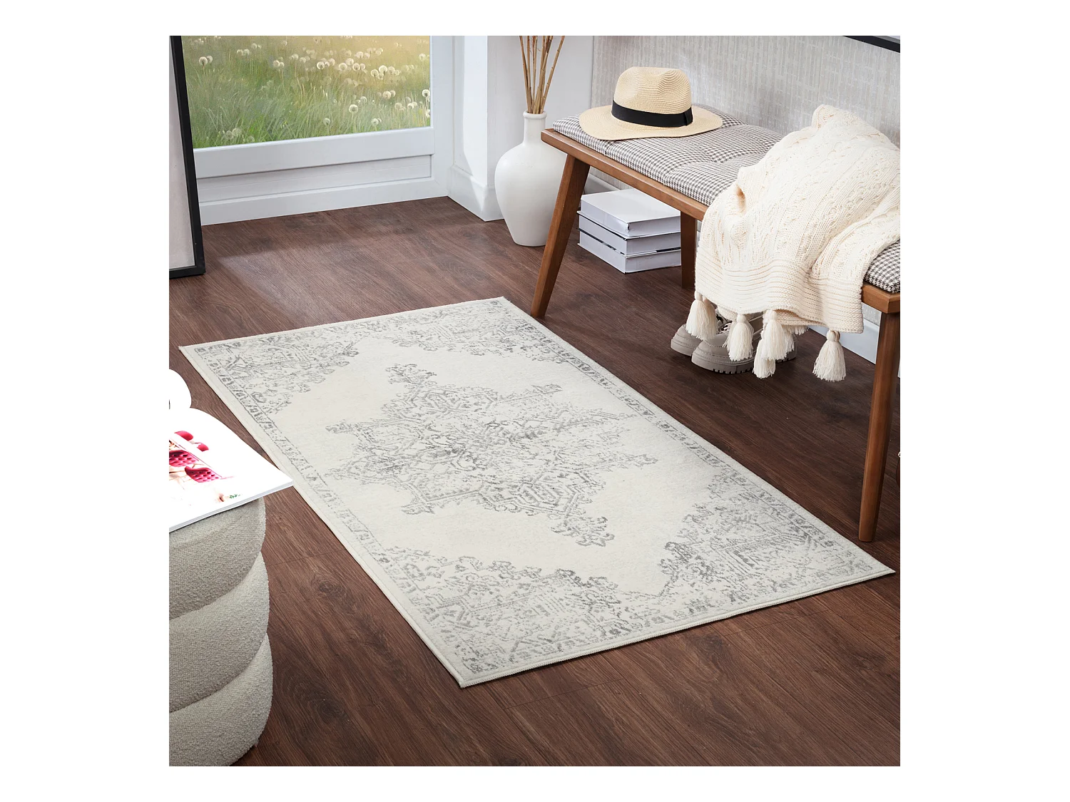 Vintage Oosters Tapijt - Wit/Grijs - 80x150cm - CEREN