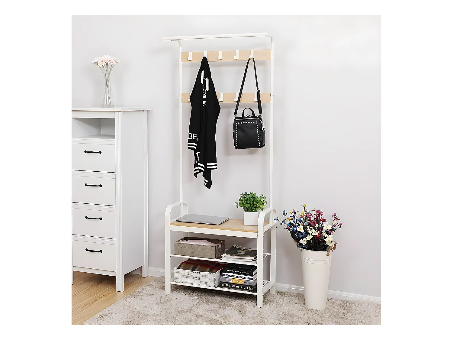 Porte-manteau avec étagères à chaussures et crochets amovibles - H183 cm