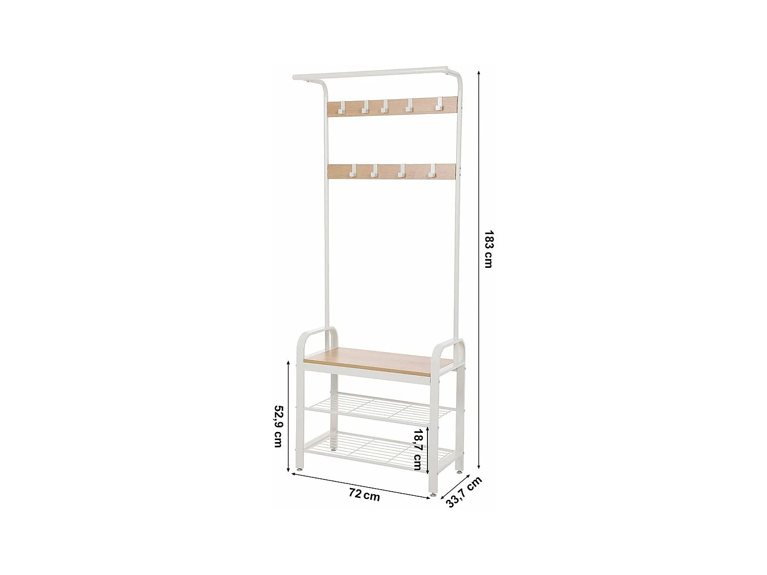 Porte-manteau avec étagères à chaussures et crochets amovibles - H183 cm