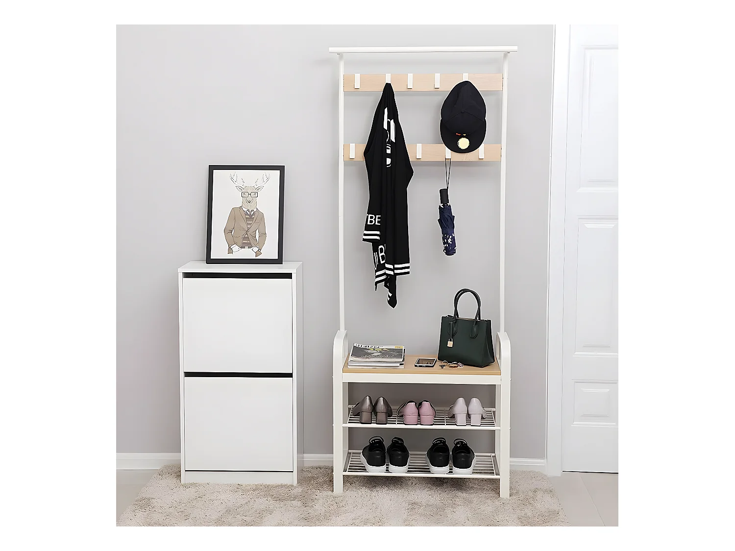 Porte-manteau avec étagères à chaussures et crochets amovibles - H183 cm