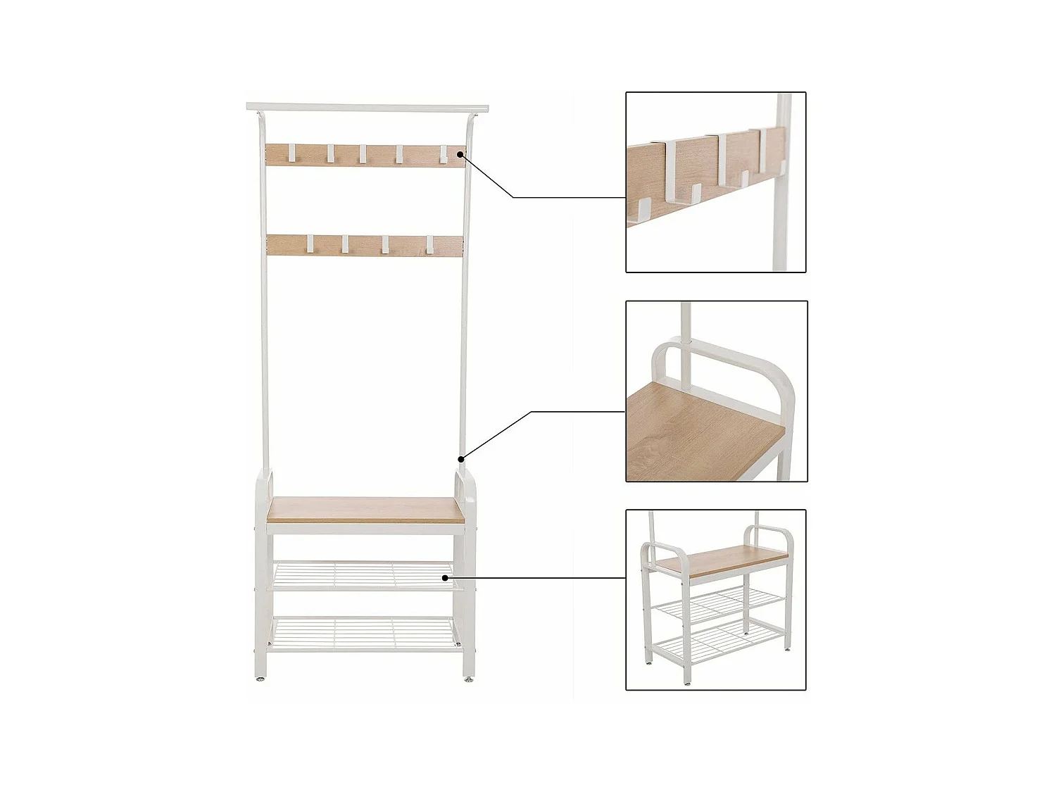 Porte-manteau avec étagères à chaussures et crochets amovibles - H183 cm