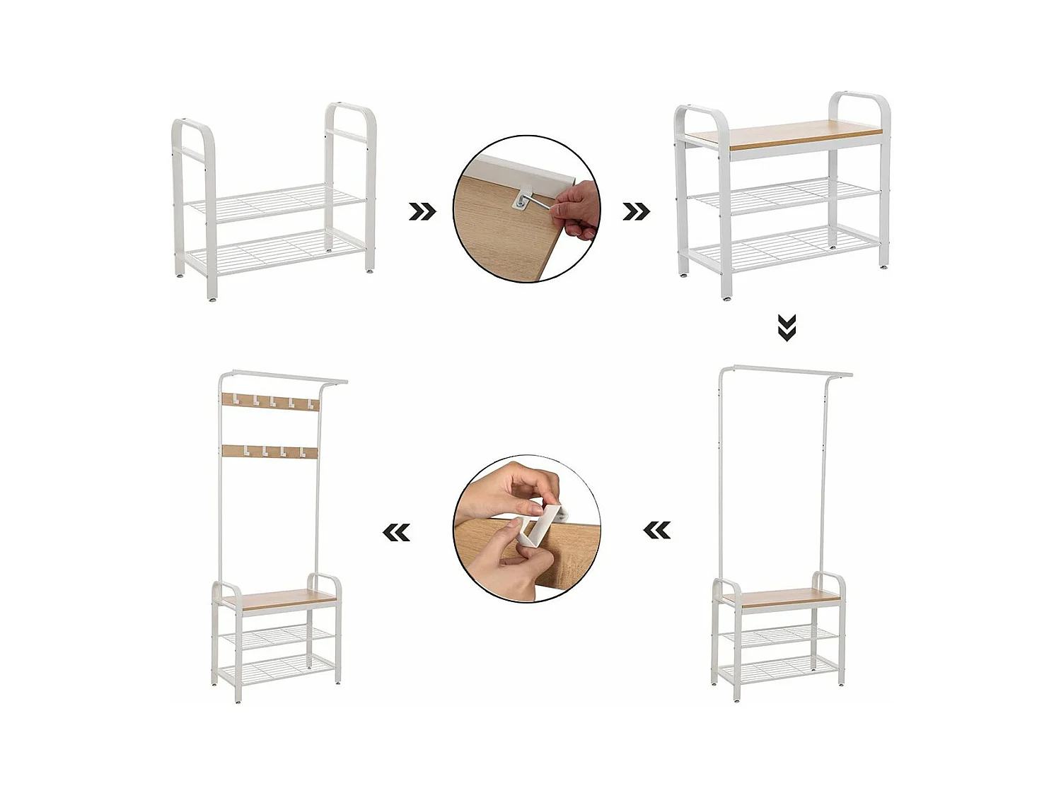 Porte-manteau avec étagères à chaussures et crochets amovibles - H183 cm