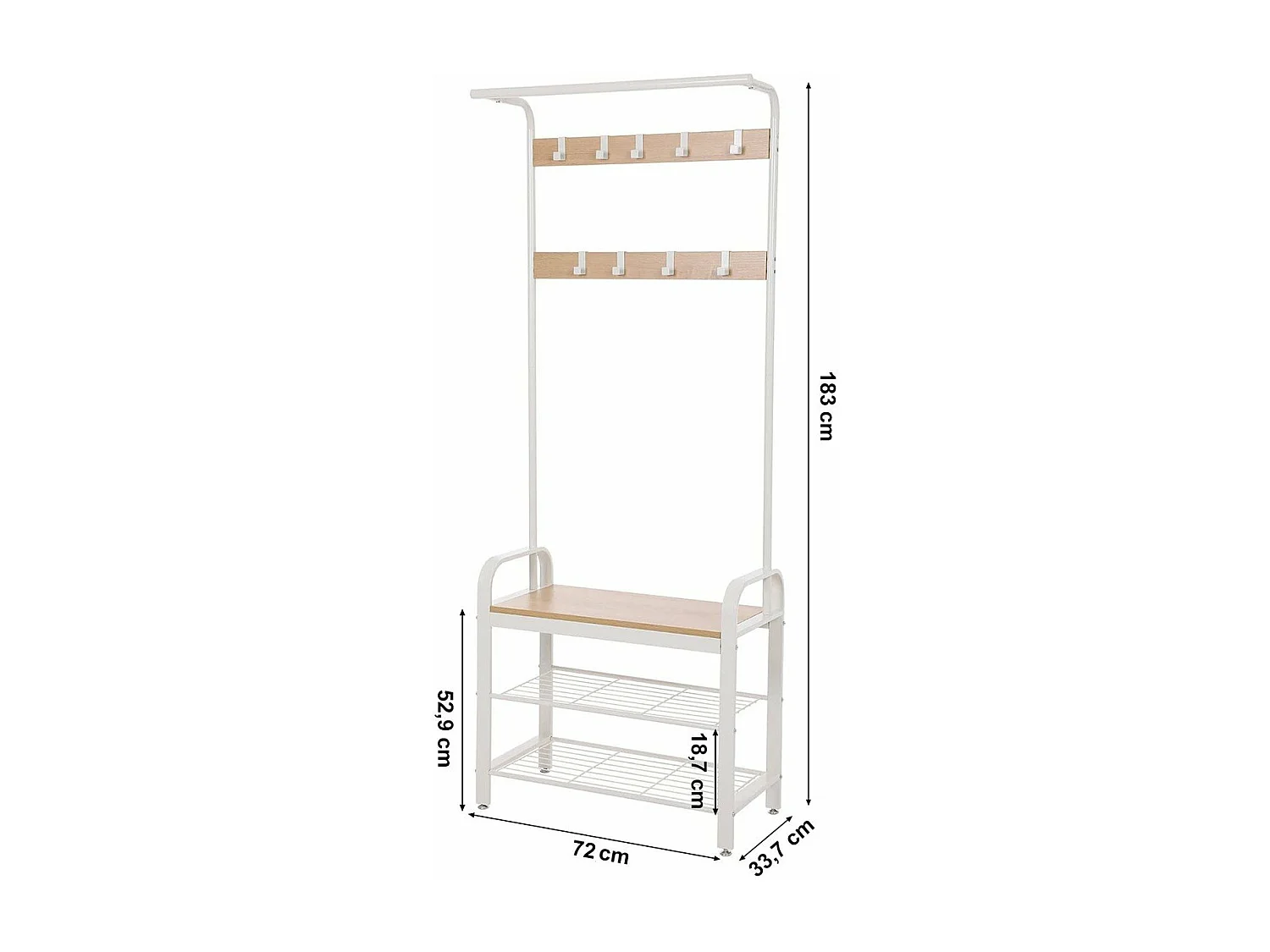 Porte-manteau avec étagères à chaussures et crochets amovibles - H183 cm