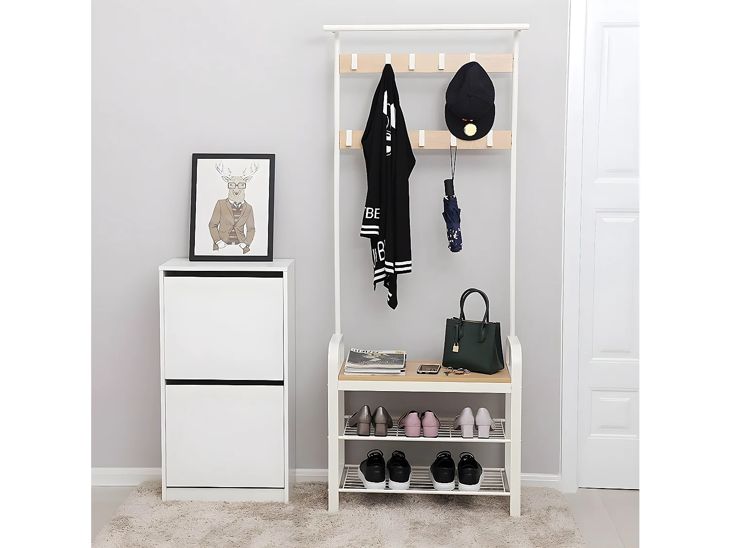Porte-manteau avec étagères à chaussures et crochets amovibles - H183 cm