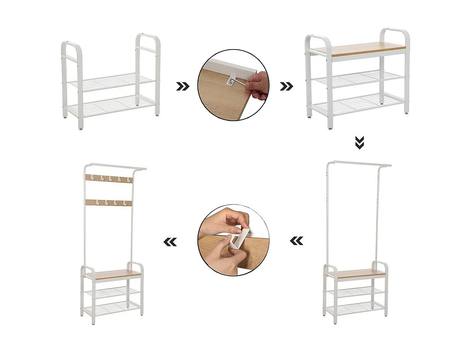 Porte-manteau avec étagères à chaussures et crochets amovibles - H183 cm