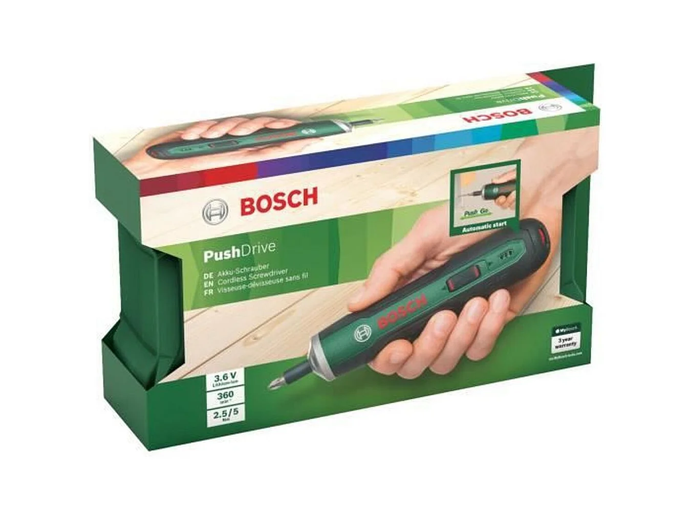 Visseuse sans fil ergonomique Bosch - PushDrive 3,6 V 1,5 Ah, recharge Micro USB, 32 embouts
