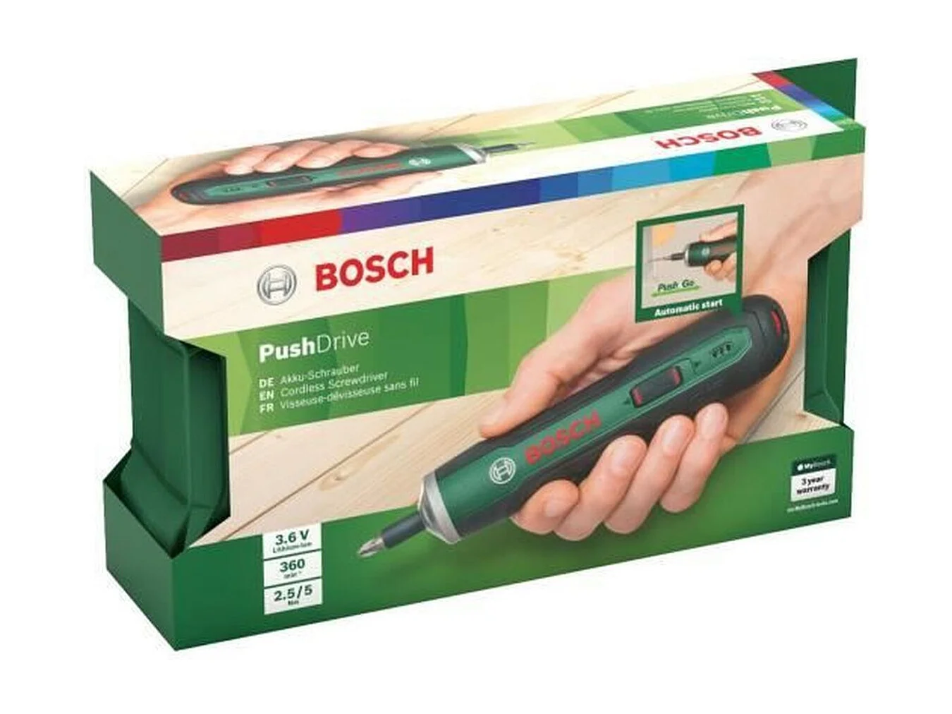 Ergonomischer Akkuschrauber von Bosch – PushDrive 3,6 V 1,5 Ah, MicroUSBAufladung, 32 Bit