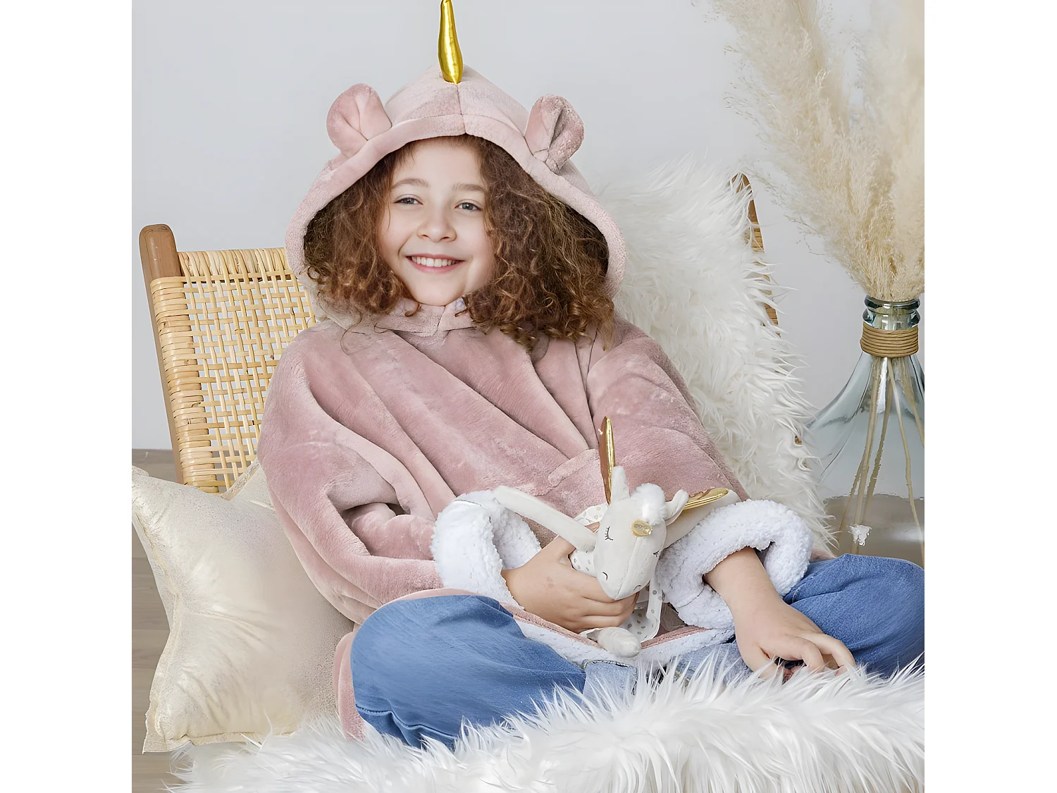 Sweat Plaid Kind Eenhoorn Roze met Capuchon Zacht en Warm 60x95 cm met Voorzak