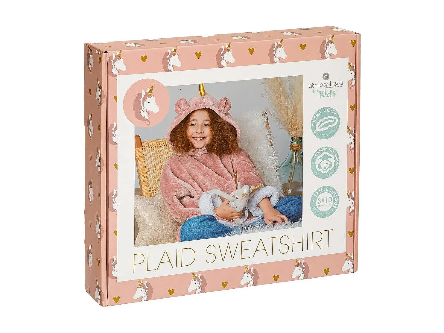 Plaid Sweat Capuche Enfant "Licorne" 60x95cm Rose