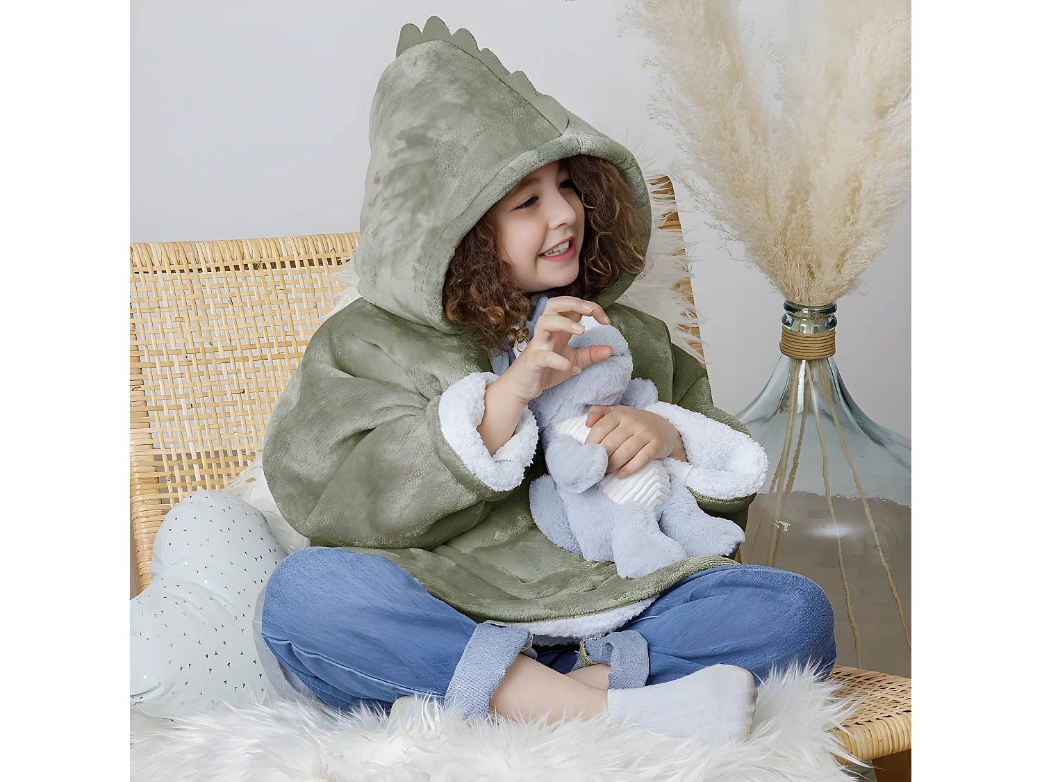 Kinder Hoodie Plaid Dino Groen 60x95 cm Zacht en Warm met Voorzak