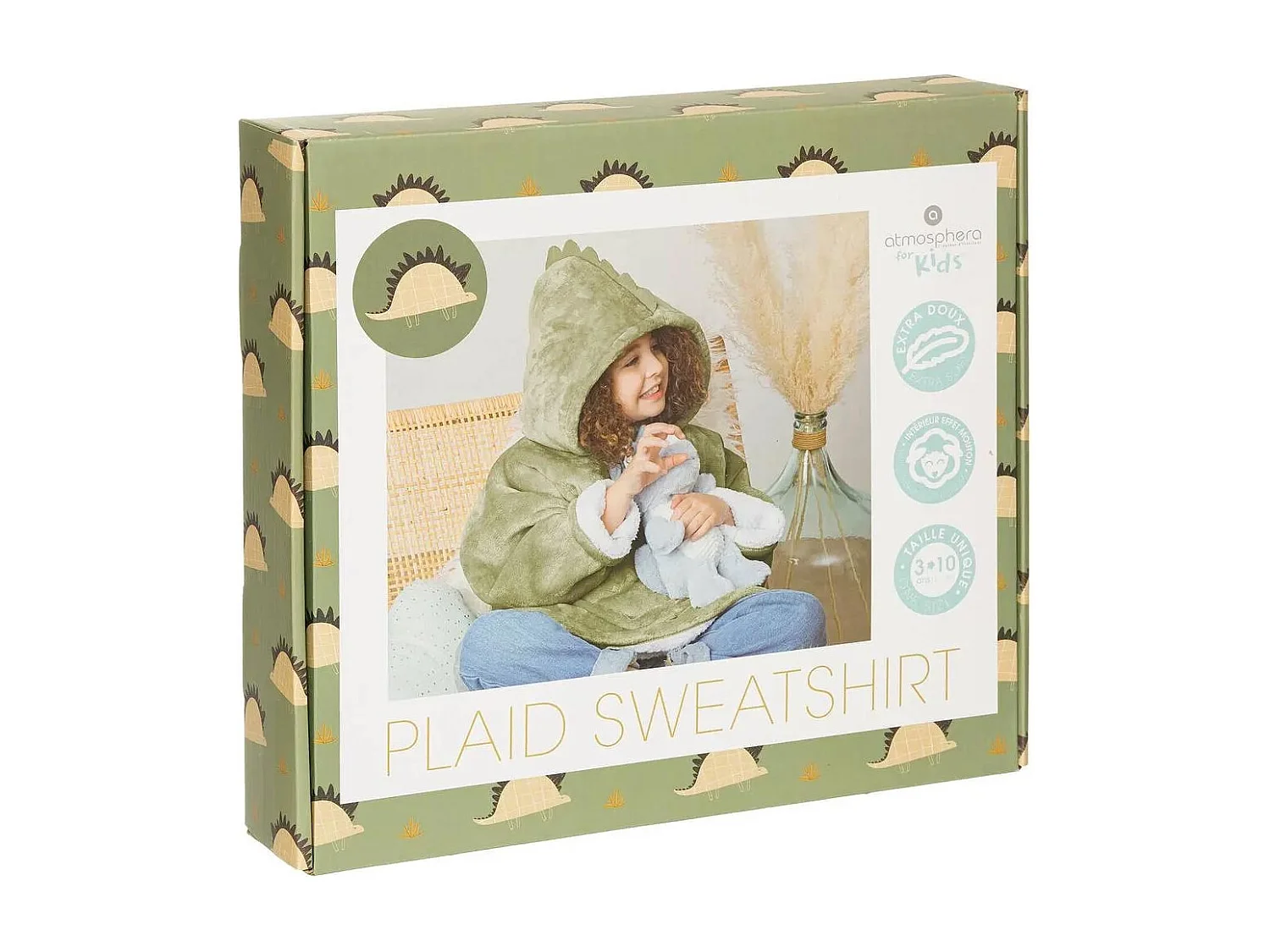 Plaid Sweat Capuche Enfant "Dino" 60x95cm Vert