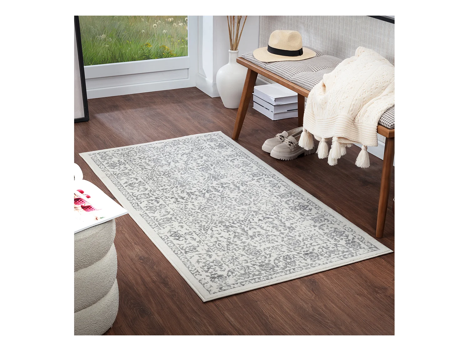 Tapis Vintage Oriental - Blanc/Gris - 80x150cm - MARGAUX