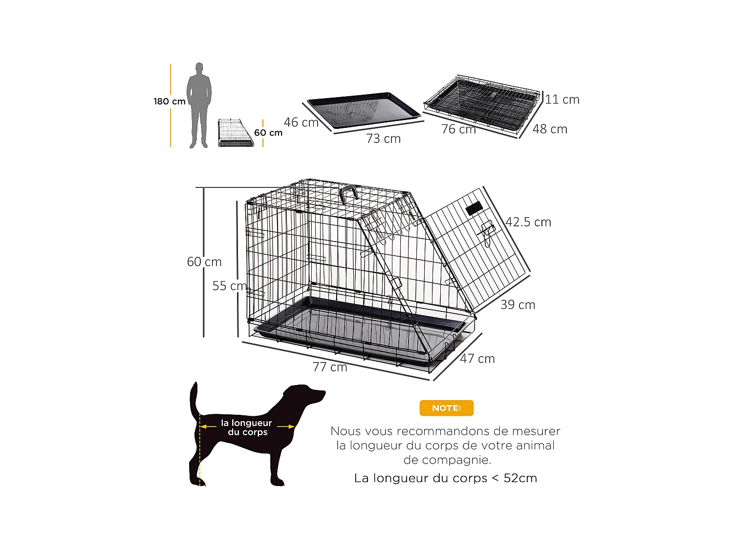 Cage de transport pour chien taille L dim. 76L x 48l x 55H cm métal noir