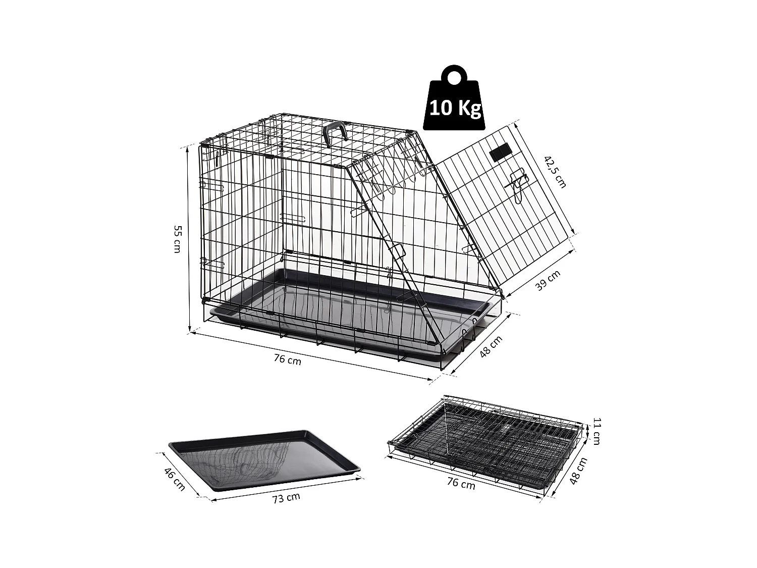 Cage de transport pour chien taille L dim. 76L x 48l x 55H cm métal noir