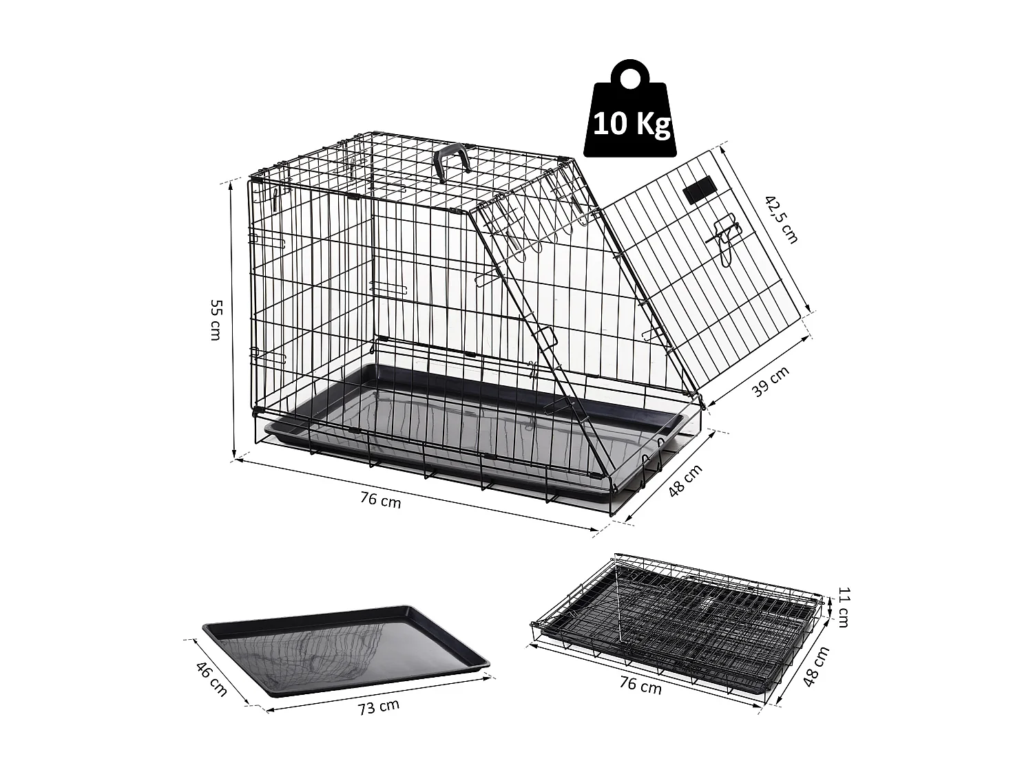 Cage de transport pour chien taille L dim. 76L x 48l x 55H cm métal noir
