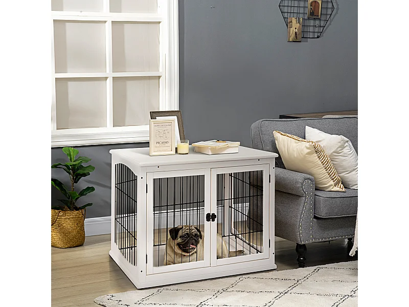 Cage pour chien animaux cage en bois MDF classe E1 3 portes verrouillables max. 30 Kg dim. 81L x 58l x 66H cm blanc noir