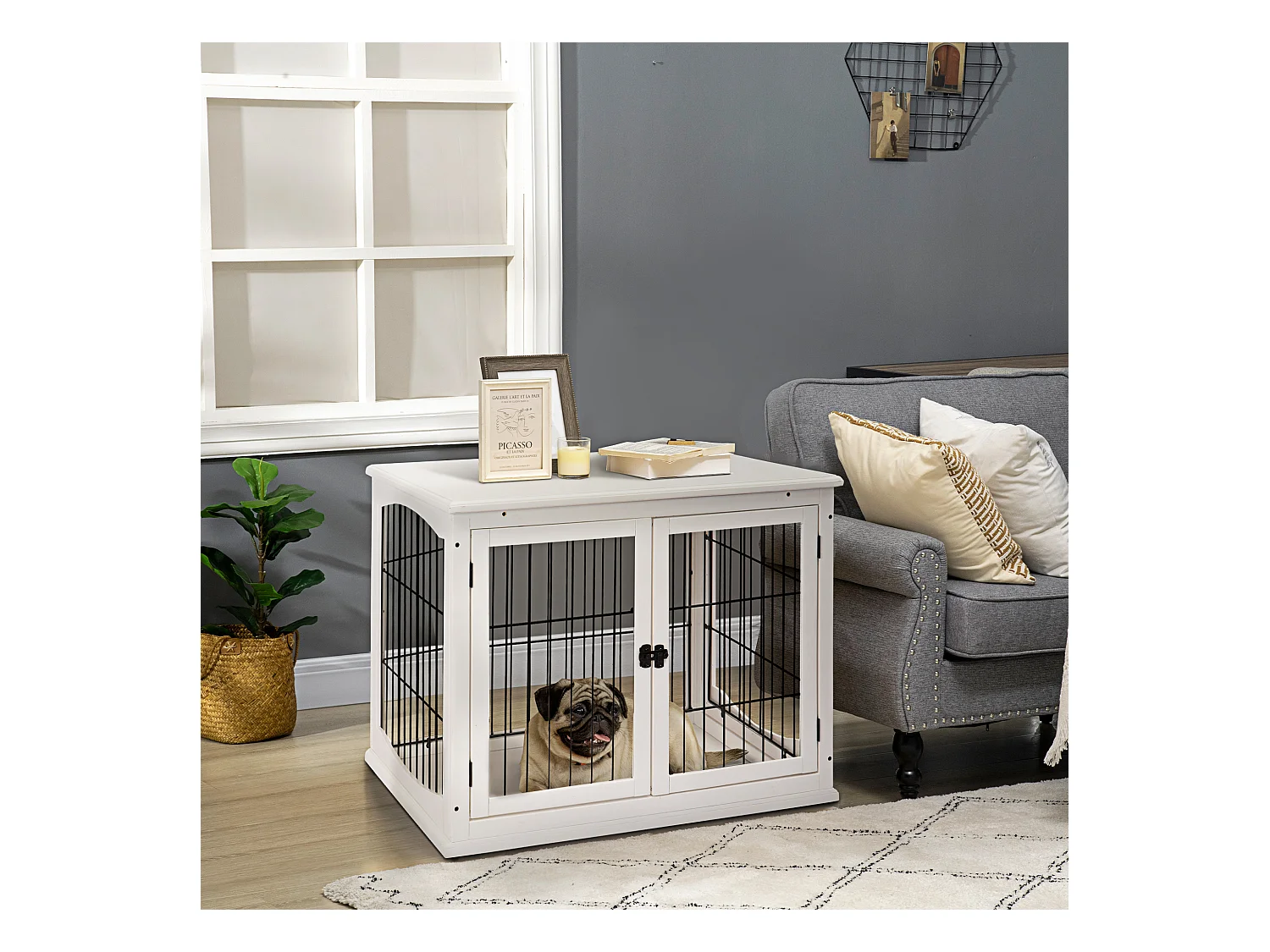 Cage pour chien animaux cage en bois MDF classe E1 3 portes verrouillables max. 30 Kg dim. 81L x 58l x 66H cm blanc noir