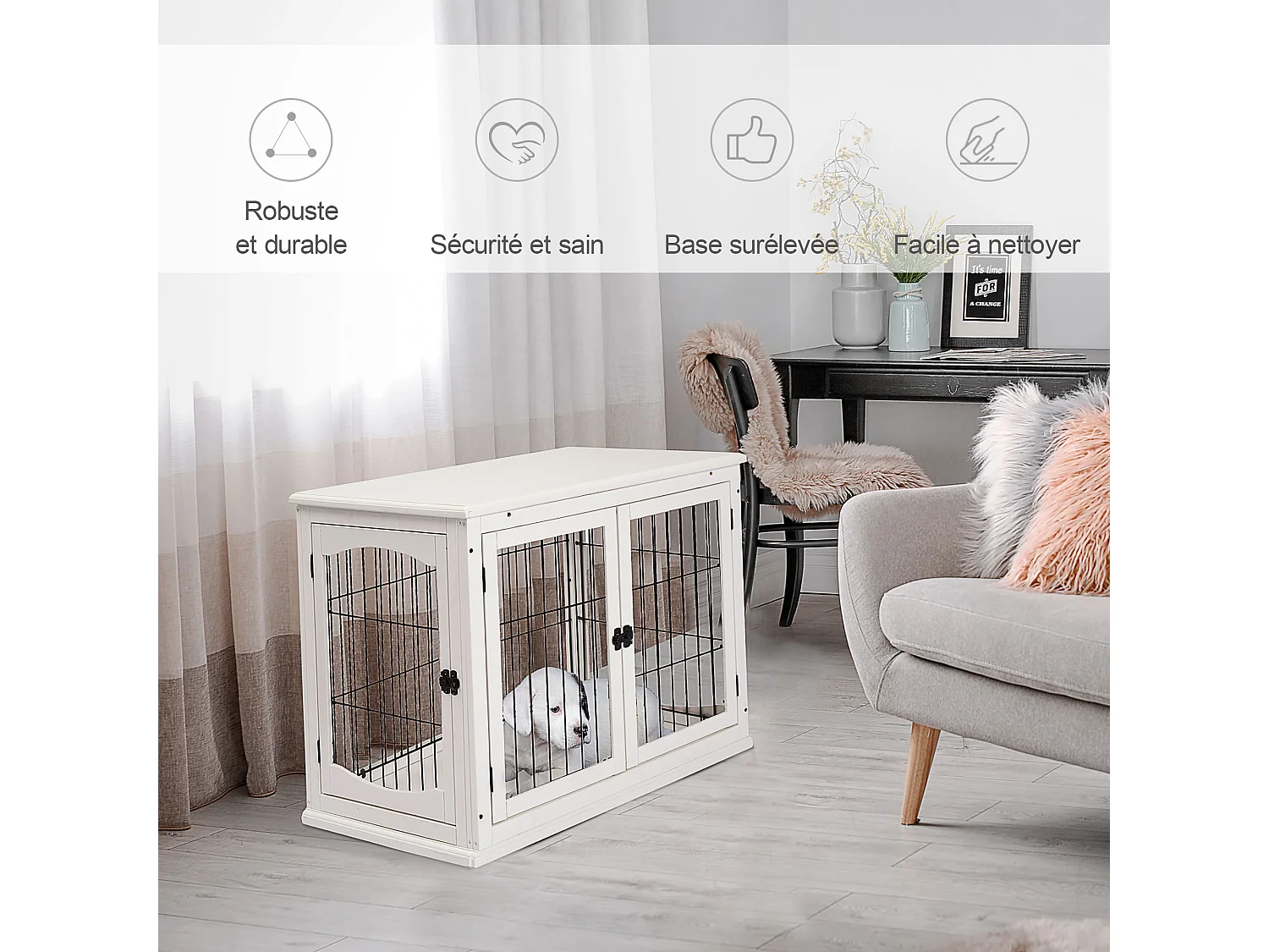 Cage pour chien animaux cage en bois MDF classe E1 3 portes verrouillables max. 30 Kg dim. 81L x 58l x 66H cm blanc noir
