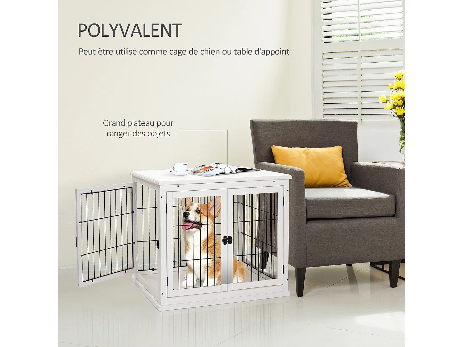 Cage pour chien animaux cage en bois MDF classe E1 3 portes verrouillables max. 30 Kg dim. 81L x 58l x 66H cm blanc noir