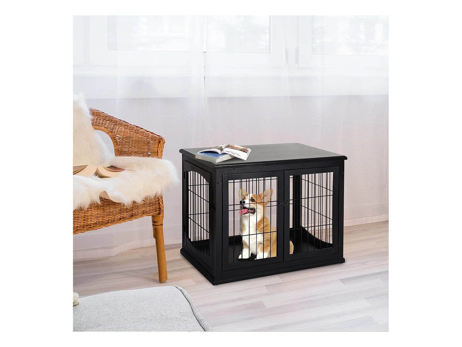 Cage pour chien animaux cage en bois MDF classe E1 3 portes verrouillables max. 30 Kg dim. 81L x 58l x 66H cm noir