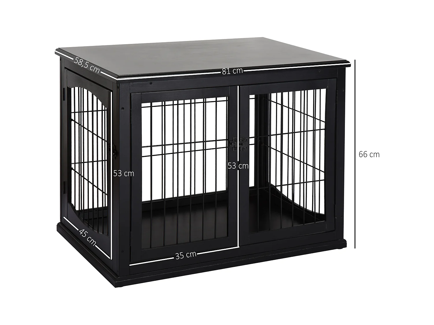 Cage pour chien animaux cage en bois MDF classe E1 3 portes verrouillables max. 30 Kg dim. 81L x 58l x 66H cm noir