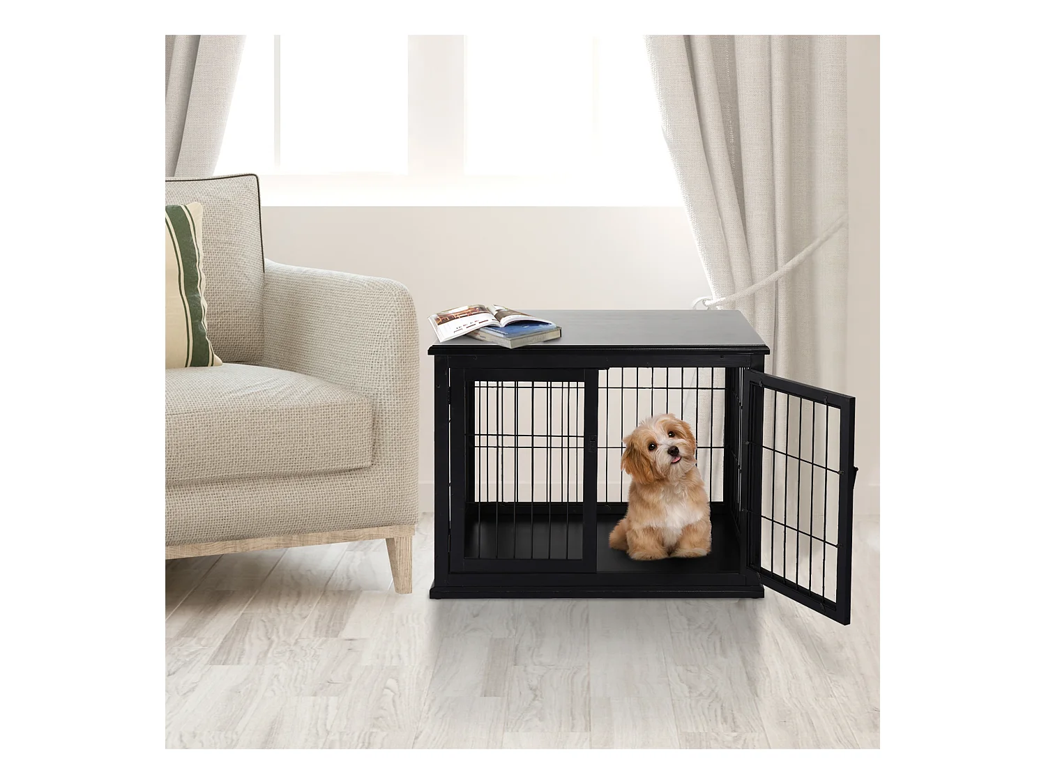 Cage pour chien animaux cage en bois MDF classe E1 3 portes verrouillables max. 30 Kg dim. 81L x 58l x 66H cm noir