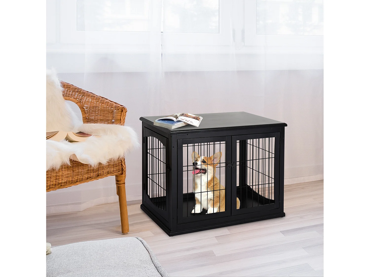 Cage pour chien animaux cage en bois MDF classe E1 3 portes verrouillables max. 30 Kg dim. 81L x 58l x 66H cm noir