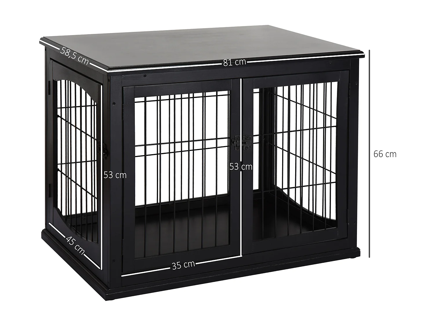 Cage pour chien animaux cage en bois MDF classe E1 3 portes verrouillables max. 30 Kg dim. 81L x 58l x 66H cm noir