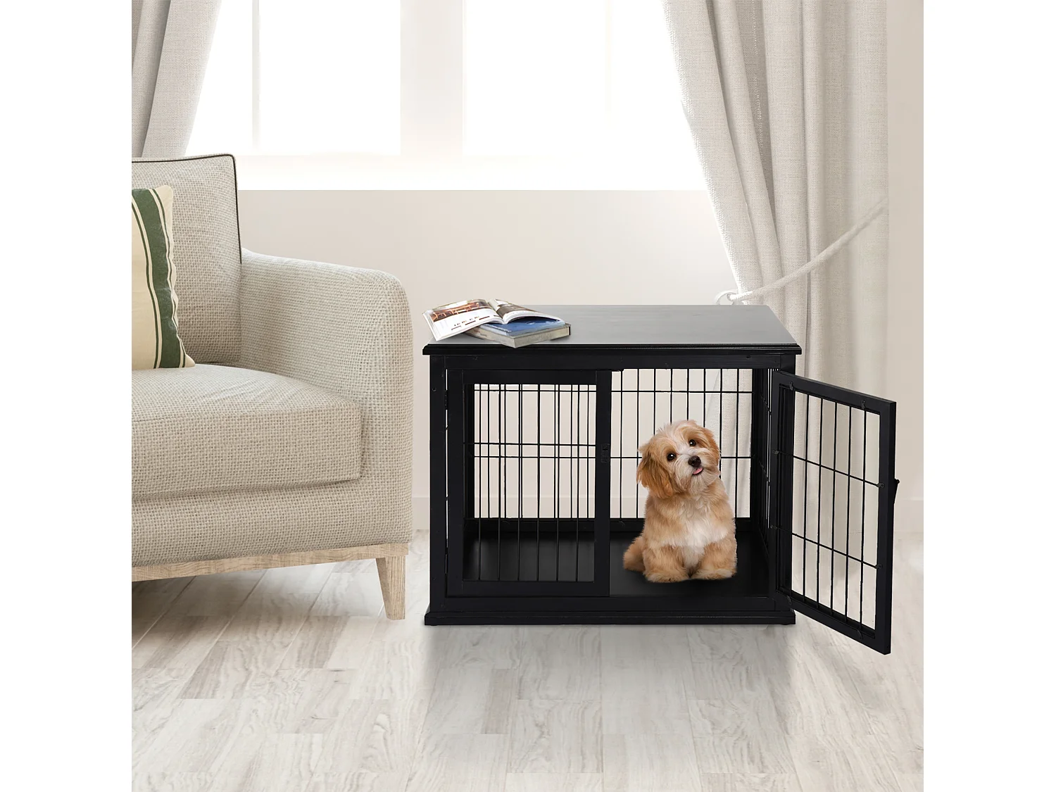 Cage pour chien animaux cage en bois MDF classe E1 3 portes verrouillables max. 30 Kg dim. 81L x 58l x 66H cm noir