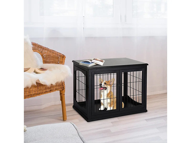 Cage pour chien animaux cage en bois MDF classe E1 3 portes verrouillables max. 30 Kg dim. 81L x 58l x 66H cm noir