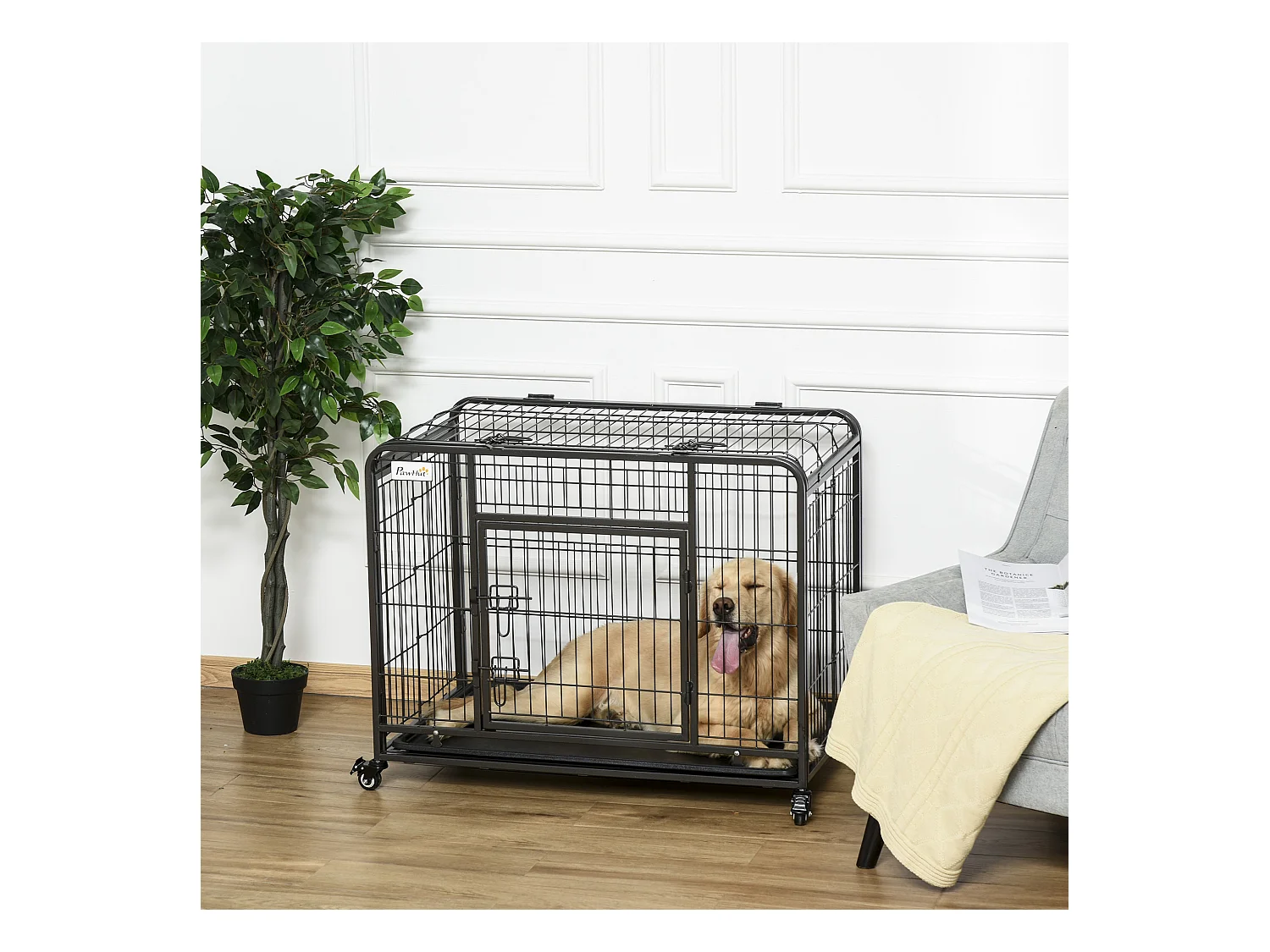 Cage pour chien pliable cage de transport sur roulettes 2 portes verrouillables plateau amovible dim. 94L x 58l x 69H cm métal gris noir