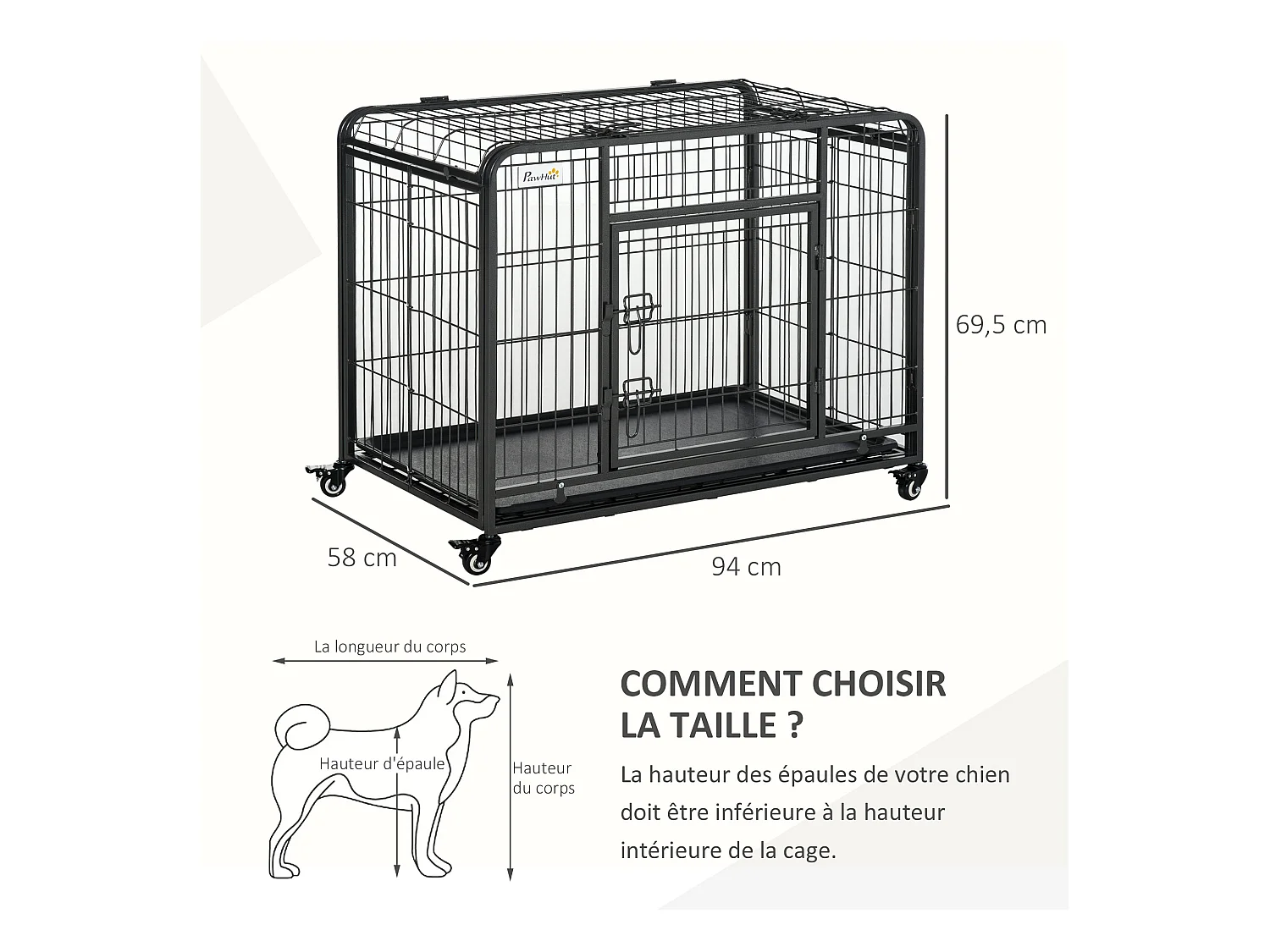 Cage pour chien pliable cage de transport sur roulettes 2 portes verrouillables plateau amovible dim. 94L x 58l x 69H cm métal gris noir
