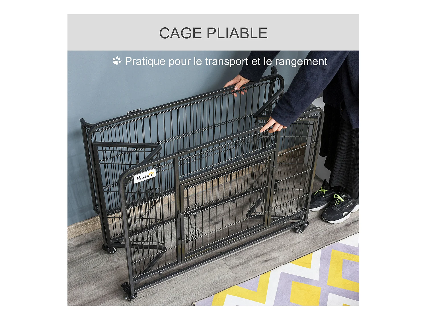 Cage pour chien pliable cage de transport sur roulettes 2 portes verrouillables plateau amovible dim. 94L x 58l x 69H cm métal gris noir