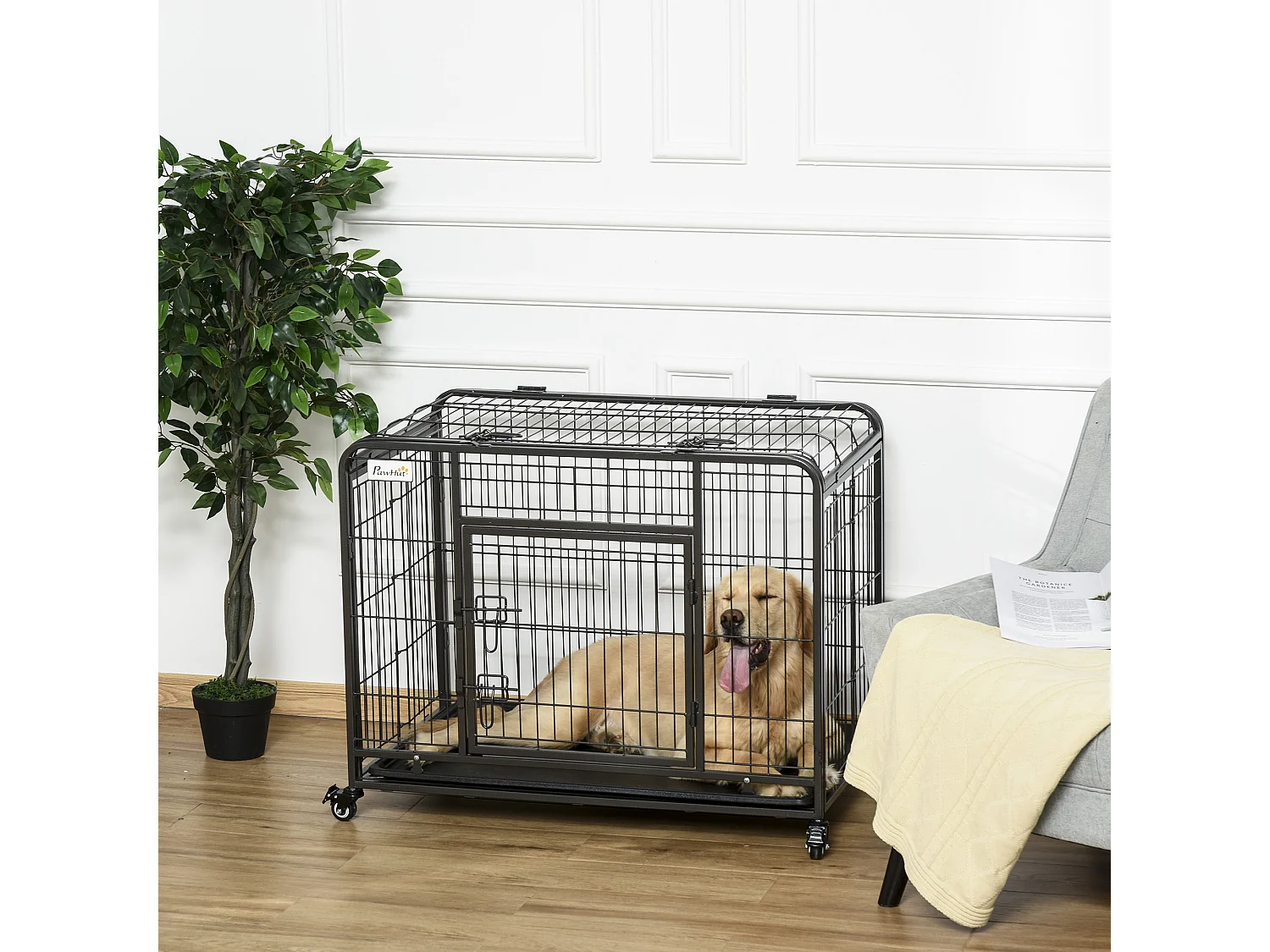 Cage pour chien pliable cage de transport sur roulettes 2 portes verrouillables plateau amovible dim. 94L x 58l x 69H cm métal gris noir
