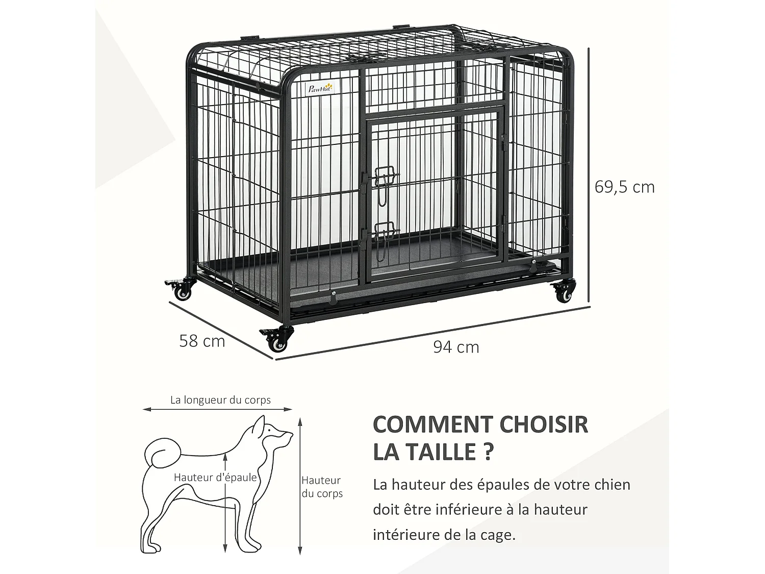 Cage pour chien pliable cage de transport sur roulettes 2 portes verrouillables plateau amovible dim. 94L x 58l x 69H cm métal gris noir