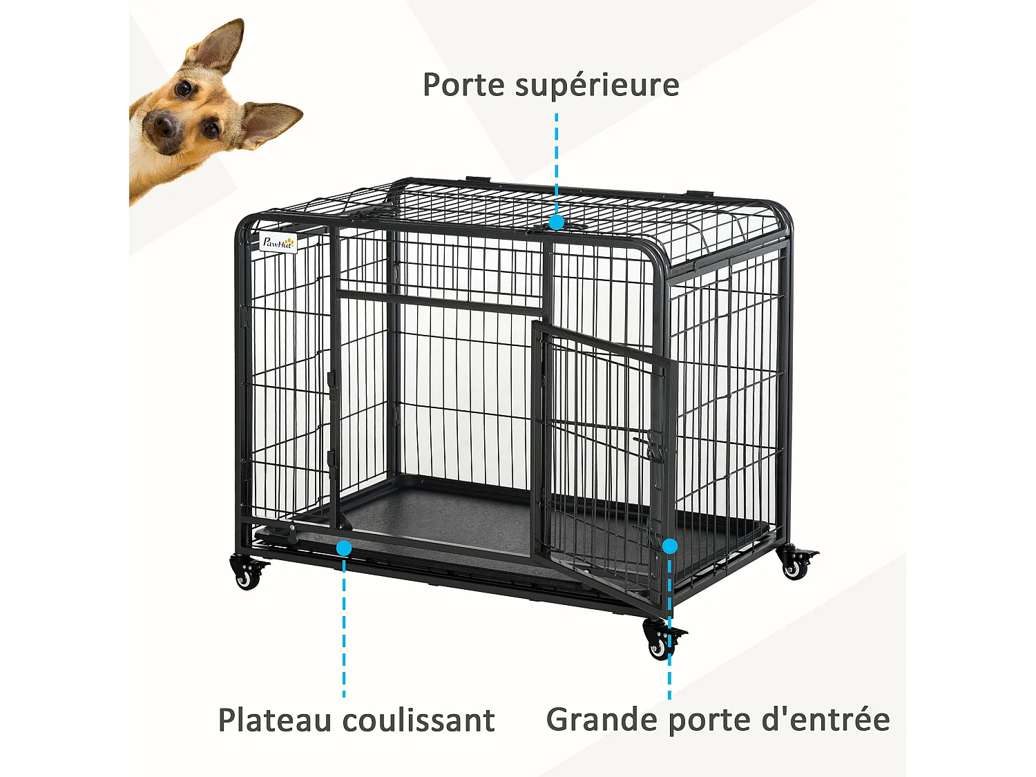 Cage pour chien pliable cage de transport sur roulettes 2 portes verrouillables plateau amovible dim. 94L x 58l x 69H cm métal gris noir