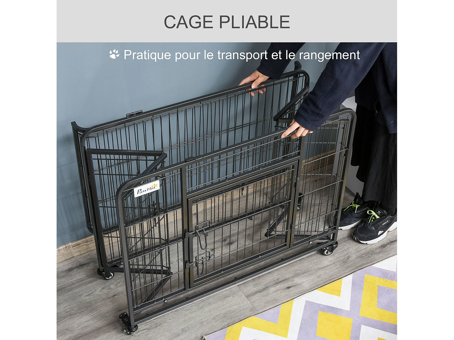 Cage pour chien pliable cage de transport sur roulettes 2 portes verrouillables plateau amovible dim. 94L x 58l x 69H cm métal gris noir