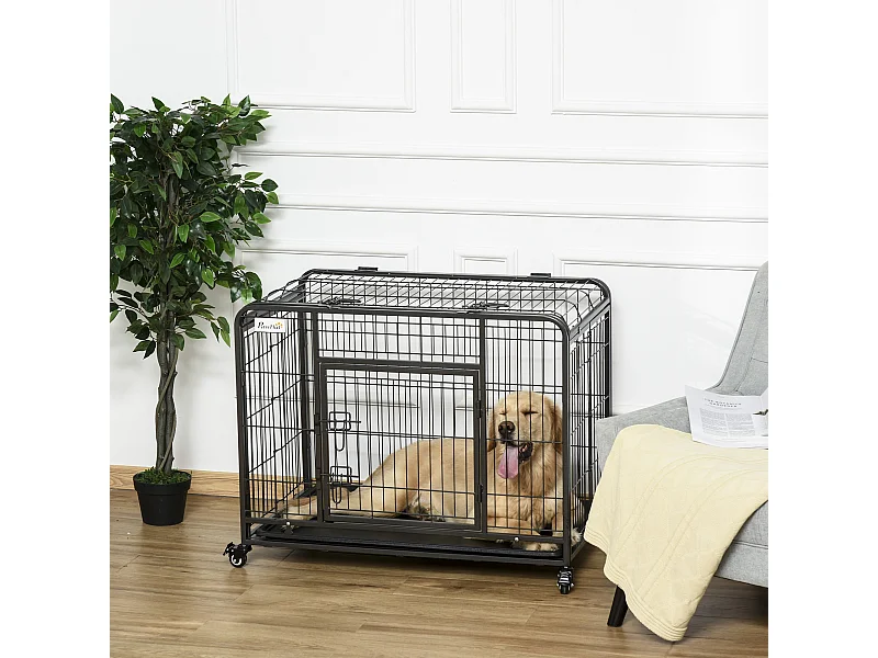 Cage pour chien pliable cage de transport sur roulettes 2 portes verrouillables plateau amovible dim. 94L x 58l x 69H cm métal gris noir