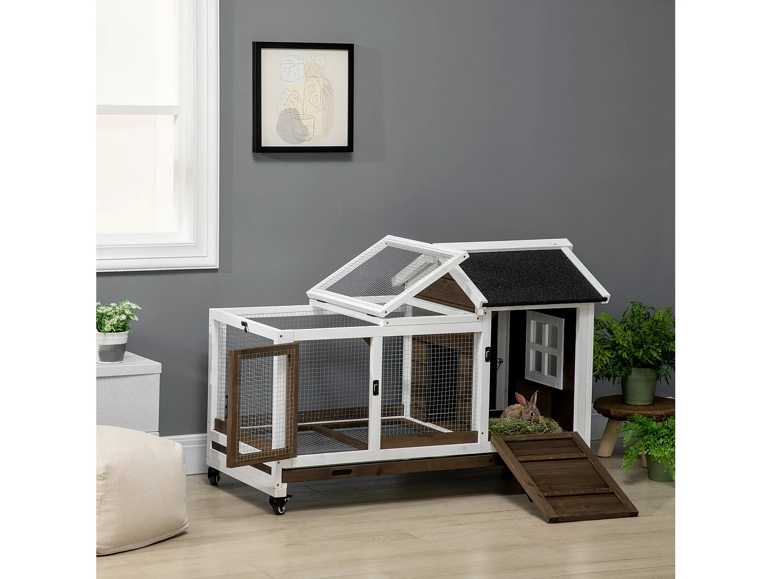 Clapier à lapin sur roulettes cage à lapin porte, rampe trappe verrouillables toit ouvrant niche bois sapin acier café blanc