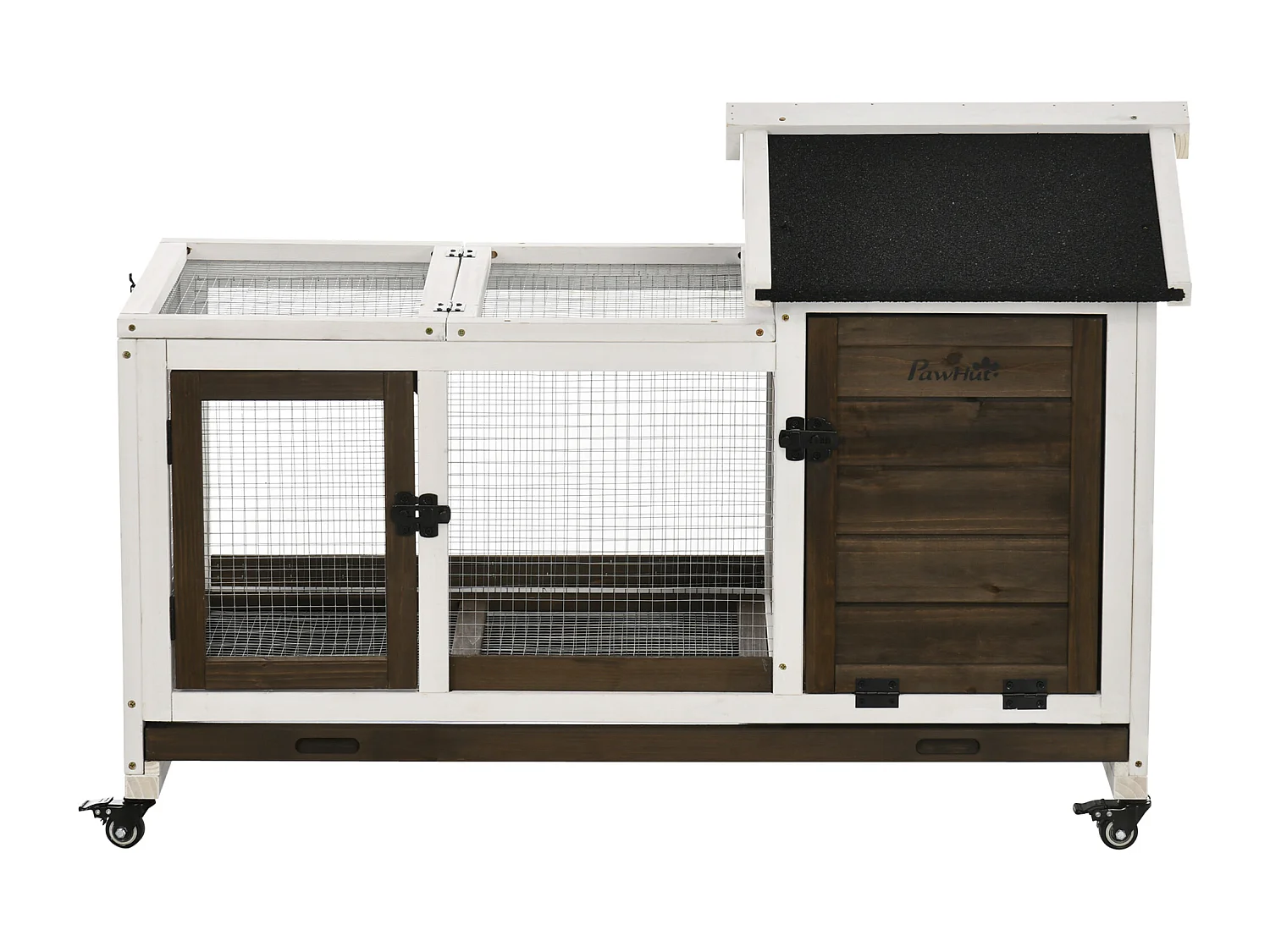 Clapier à lapin sur roulettes cage à lapin porte, rampe trappe verrouillables toit ouvrant niche bois sapin acier café blanc