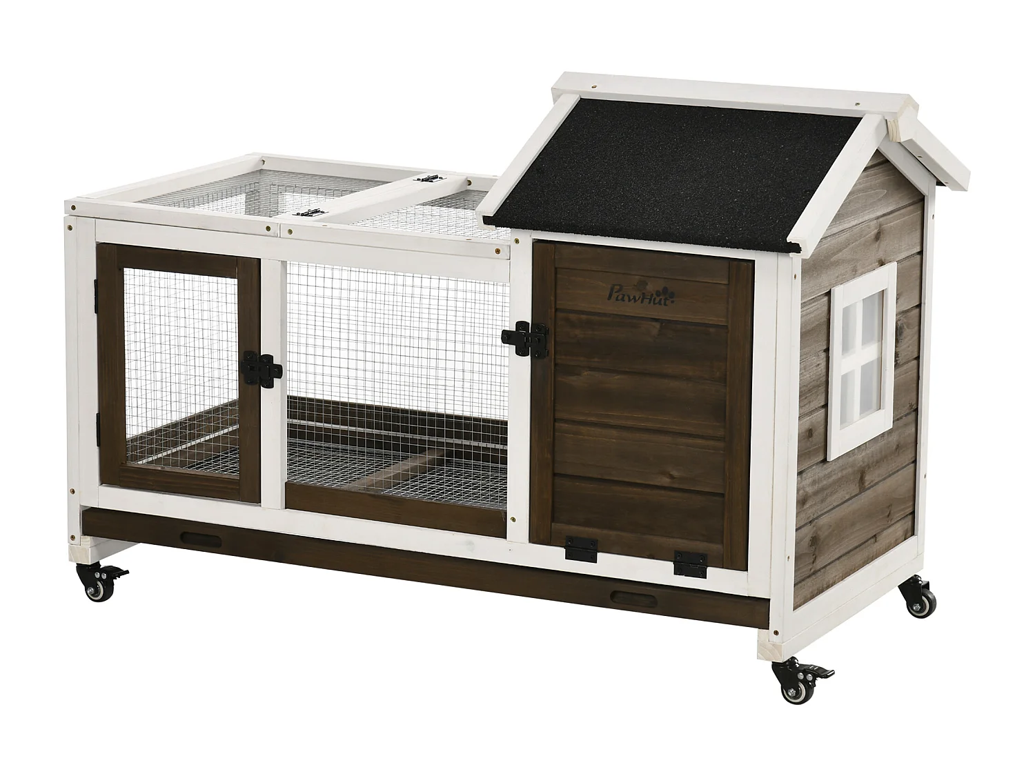 Clapier à lapin sur roulettes cage à lapin porte, rampe trappe verrouillables toit ouvrant niche bois sapin acier café blanc