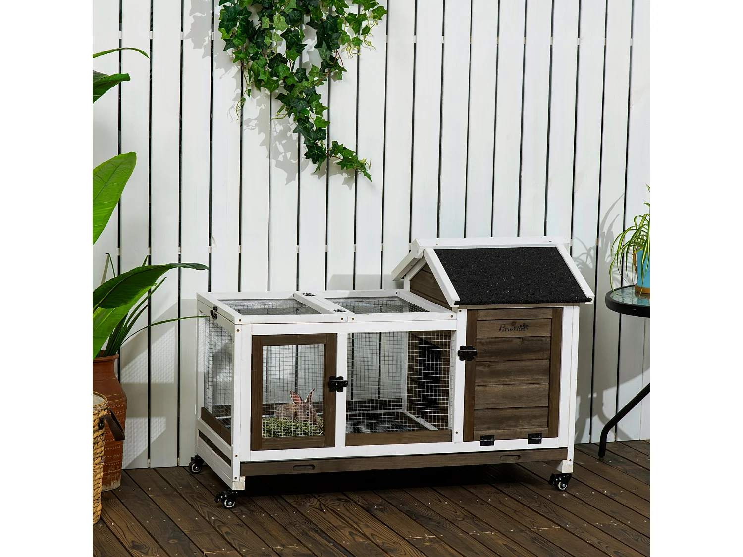 Clapier à lapin sur roulettes cage à lapin porte, rampe trappe verrouillables toit ouvrant niche bois sapin acier café blanc